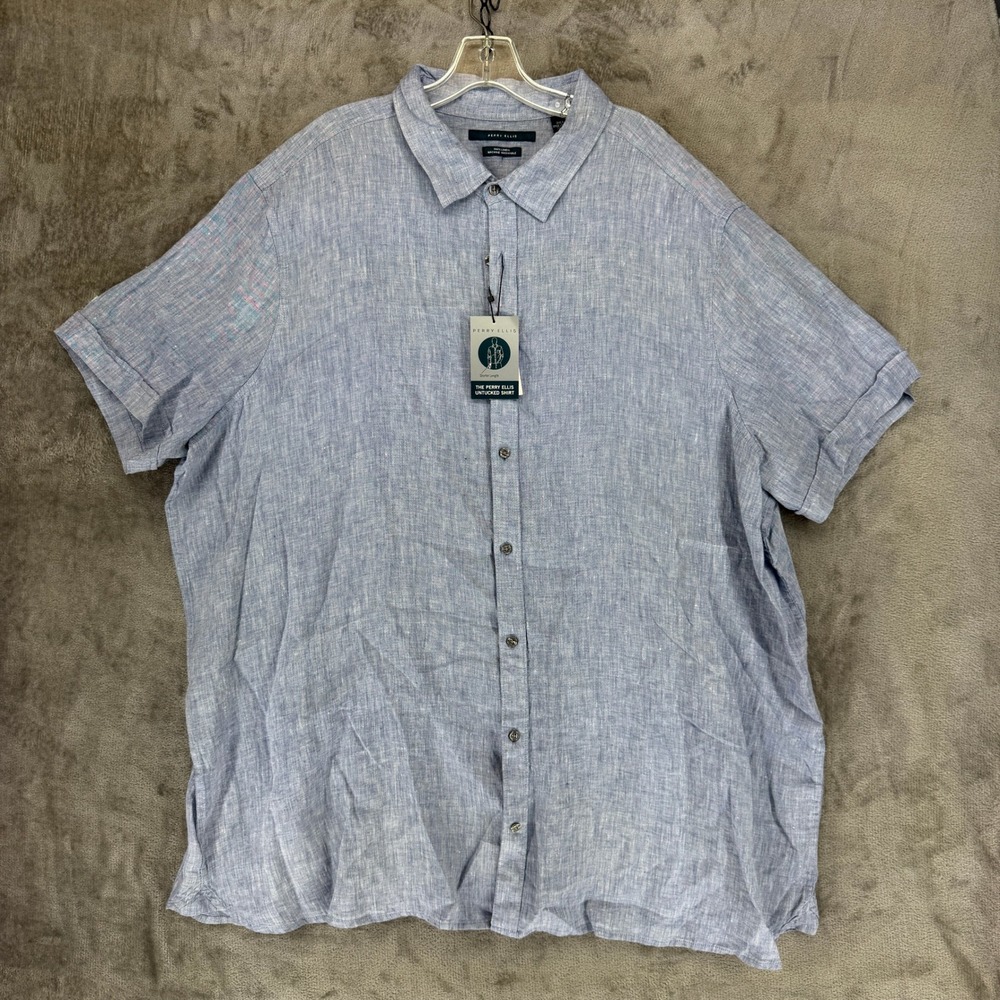 Perry Ellis Men Untucked Shirt 3XLT Colony Blue 100% Linen Short Sleeve 4FSW4600